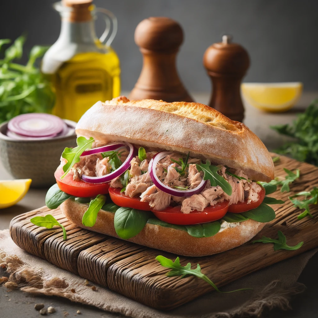 Bocadillo Gourmet de Tronco de Atún, Rúcula y Salsa Tártara