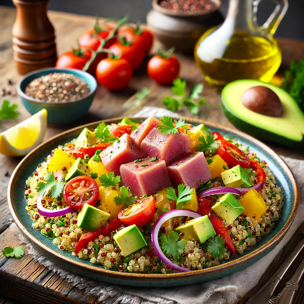 Tronco de Atún Artesanal sobre Cama de Quinoa y Verduras