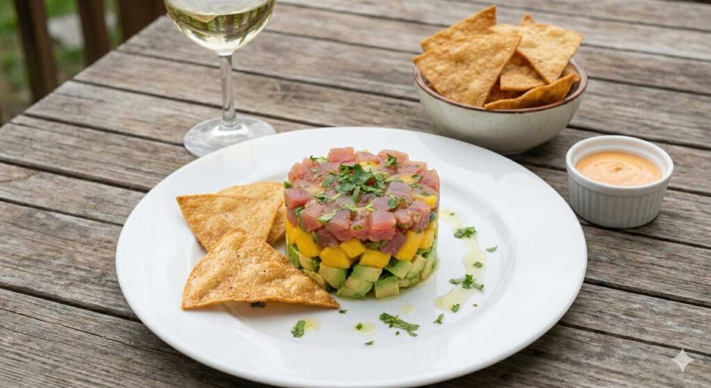 Timbal de Aguacate, Mango y Atún con Totopos Caseros Emplatado