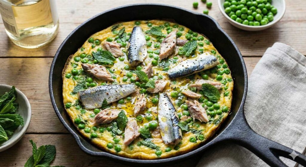 La _Frittata_ Verde de Primavera. Tortilla Abierta con Guisantes Tiernos, Menta y Caballa del Sur Emplatado