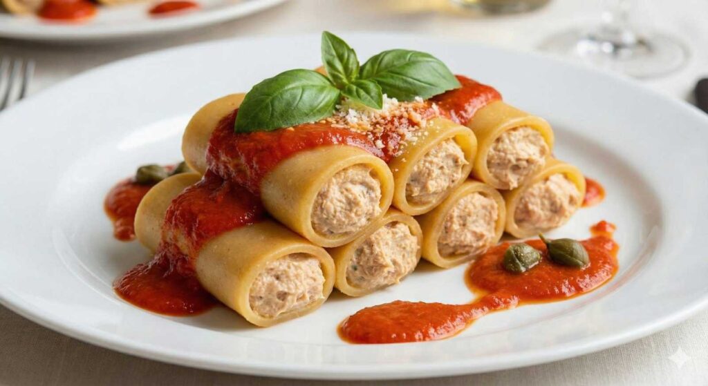 Paccheri Rellenos de Mousse de Atún con Coulis de Piquillos Emplatado